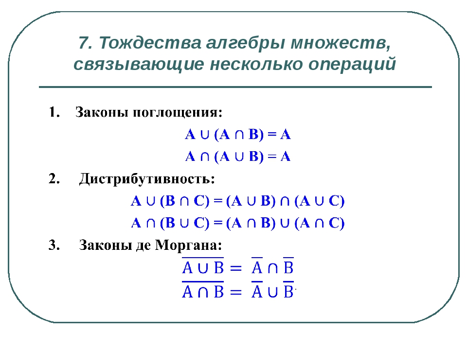 7. Тождества алгебры множеств, связывающие несколько операций .  