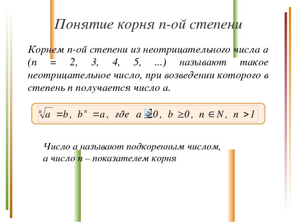 Понятие корня n-ой степени Корнем n-ой степени из неотрицательного числа а (n...