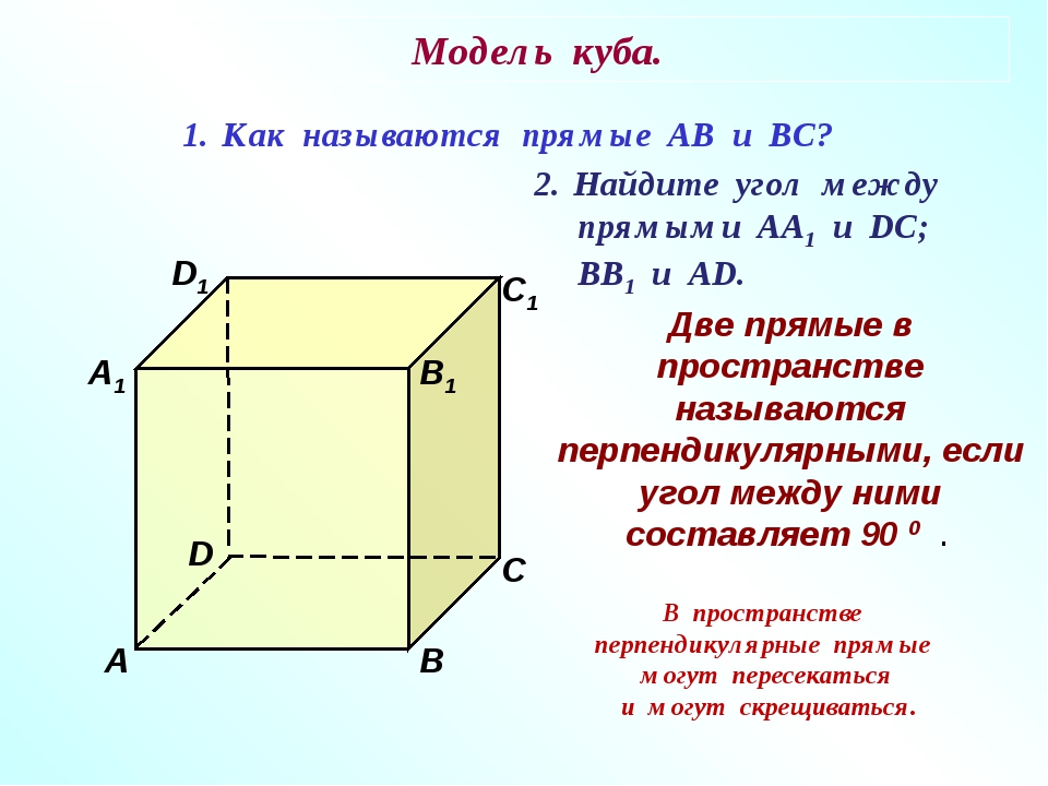 Модель куба. D1 В А1 А D С1 С В1 Как называются прямые АВ и ВС? Найдите угол