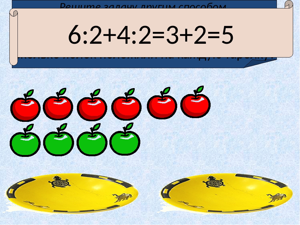 Решите задачу другим способом. 6 красных и 4 зеленых яблока разложите поровну